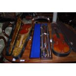 BOX - ASSORTED VIOLIN BOWS AND TWO VIOLINS