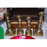 PAIR OF VICTORIAN CANDLESTICKS, TOGETHER WITH TWO VICTORIAN BRASS CANDLESTICKS