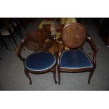 EDWARDIAN MAHOGANY AND MARQUETRY INLAID OVAL ARMCHAIR WITH BLUE VELVET UPHOLSTERED SEAT, TOGETHER