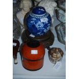 CHINESE GINGER JAR AND COVER ON HARDWOOD STAND, TOGETHER WITH A JAPANESE SATSUMA CIRCULAR TRINKET