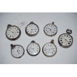 SEVEN SILVER POCKET WATCHES INCLUDING WATCH RETAILED BY W.J. BENSON OF LONDON, J.G. GREAVES OF