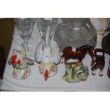 ASSORTED CERAMICS INCLUDING PAIR OF GERMAN POTTERY COCKEREL FIGURES, TWO SYLVAC HORSE FIGURES, ROYAL