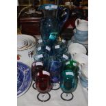 VINTAGE BLUE GLASS LEMONADE SET WITH SILVERED DETAIL, COMPRISING JUG AND SIX TUMBLERS, TOGETHER WITH
