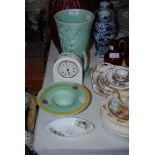 AN ARTHUR WOOD LILY PATTERNED VASE, BURLEIGH WARE BOWL, AYNSLEY WILD TUDOR MANTLE CLOCK AND COALPORT