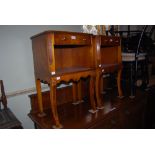 PAIR OF REPRODUCTION YEW WOOD BEDSIDE CABINETS, EACH WITH SINGLE DRAWERS AND OPEN RECESS