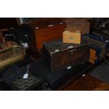 FIVE ASSORTED BOXES TO INCLUDE 19TH CENTURY ROSEWOOD BOX, LATE 19TH CENTURY MAHOGANY BOX, SMALL PINE