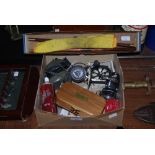 BOX - ASSORTED FISHING AND SHOOTING TACKLE INCLUDING SHOTGUN CLEANING KIT, TWO NEW DELUXE SPINNING