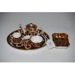 ROYAL CROWN DERBY IMARI PATTERN MINIATURE TEA SET FOR ONE, COMPRISING: OVAL TRAY, TEA POT AND COVER,