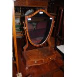 REPRODUCTION MAHOGANY DRESSING TABLE MIRROR WITH SHIELD SHAPED MIRROR PLATE AND TWO SMALL DRAWERS