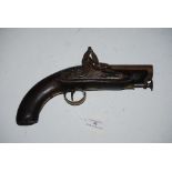 AN 18TH/19TH CENTURY FLINTLOCK PISTOL WITH INTEGRAL RAM ROD, CROWN MARK AND 'GR'