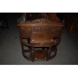 LATE VICTORIAN OAK HALL STICK STAND WITH SCROLL AND FOLIATE CARVED BACK, SINGLE FRIEZE DRAWER AND