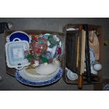 TWO BOXES - ASSORTED HOUSEHOLD ITEMS, CERAMICS, GLASSWARE, ORNAMENTAL DUCKS, DECORATIVE PICTURES,