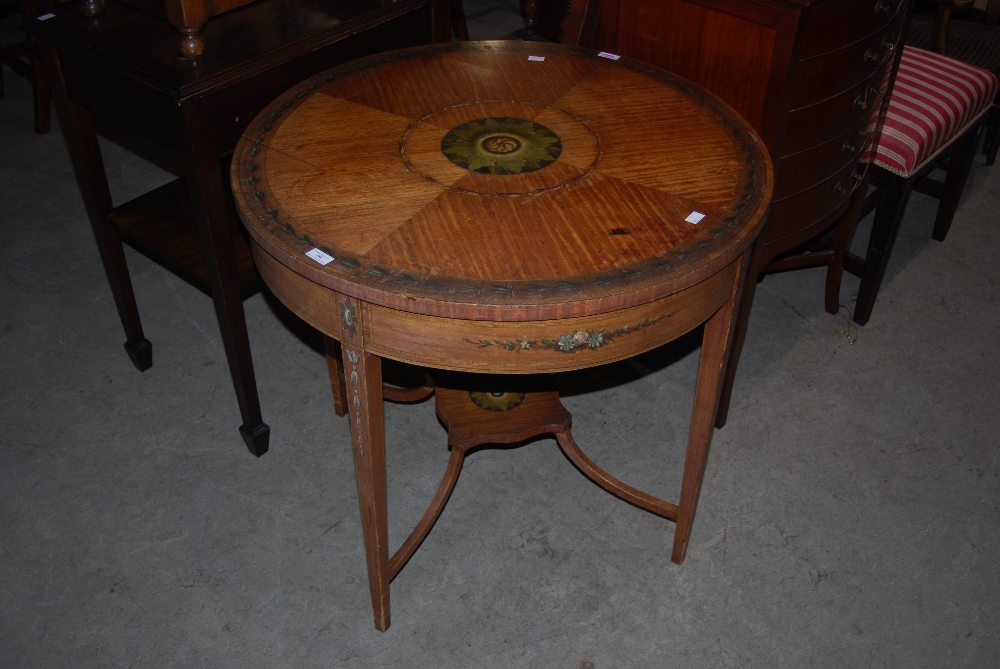 EARLY 20TH CENTURY PAINTED SATINWOOD CENTRE TABLE ON FOUR TAPERED SQUARE SUPPORTS WITH X-SHAPED