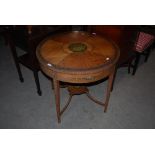 EARLY 20TH CENTURY PAINTED SATINWOOD CENTRE TABLE ON FOUR TAPERED SQUARE SUPPORTS WITH X-SHAPED