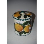 WEMYSS POTTERY BISCUIT BARREL DECORATED WITH ORANGES, GREEN PAINTED MARK 'WEMYSS T. GOODE & CO.'