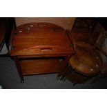 TWO TIER BUTLERS TROLLEY WITH HINGED FLAPS, WALNUT CIRCULAR OCCASIONAL TABLE CONCEALING FOUR FURTHER