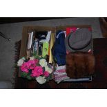 TWO BOXES - ASSORTED HOUSEHOLD ITEMS, HATS, SILK FLOWERS, GAMES, PICTURE FRAMES, ETC.