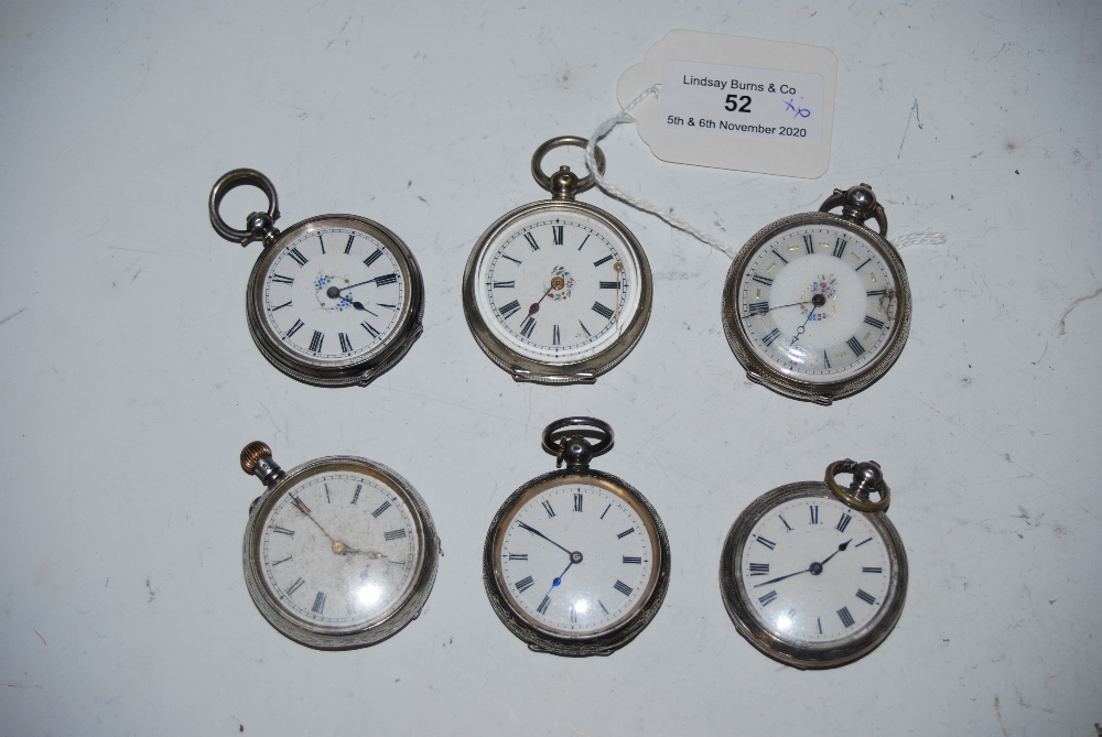 SIX SILVER CASED FOB WATCHES