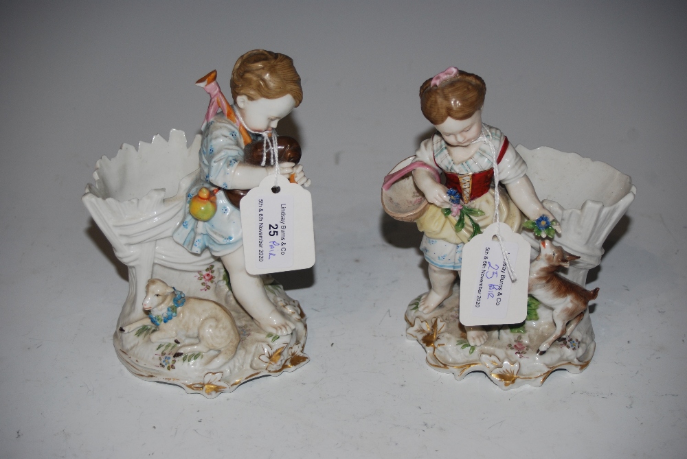 PAIR OF CONTINENTAL PORCELAIN FIGURAL FERN POTS - YOUNG GIRL CARRYING BASKET WITH DOG AND YOUNG