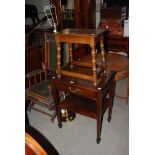 MAHOGANY SIDE TABLE WITH SINGLE FRIEZE DRAWER AND UNDER TIER, OAK JOINT STOOL, BRASS STANDARD LAMP