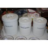 KITCHENALIA - PAIR OF VINTAGE WHITE GLAZED POTTERY STORAGE JARS - ONE FOR IRISH MOSS, THE OTHER