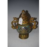 DECORATIVE CHINESE BRASS AND ENAMELLED KORO AND COVER WITH DRAGON HANDLES