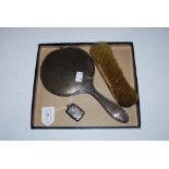BIRMINGHAM SILVER BACKED HAND MIRROR, TOGETHER WITH SILVER BACKED HAND BRUSH AND A BIRMINGHAM SILVER