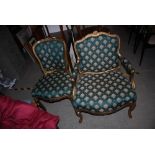 LOUIS XVI STYLE GILT WOOD FAUTEUIL ARMCHAIR, TOGETHER WITH A MATCHING SIDE CHAIR