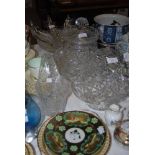 COLLECTION OF LARGE PIECES OF CUT GLASSWARE INCLUDING BISCUIT BARREL AND COVER, FRUIT BOWL, FRUIT