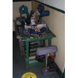 FERM FLZ 275 BAND SAW, TITAN 8 INCH SLIDING COMPOUND MITRE SAW MOUNTED ON GREEN PAINTED TABLE, TITAN