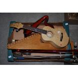 BOX - ASSORTED MUSICAL INSTRUMENTS INCLUDING UKULELE, TABLE HARP, SAMISENS, MINIATURE HARP, ETC.