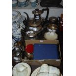 LARGE COLLECTION OF ASSORTED EP WARE INCLUDING THREE PIECE TEA SET, COFFEE POT, BOX OF ASSORTED