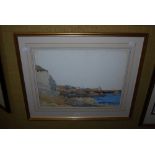 ANDREW GAMLY - COASTAL LANDSCAPE WITH HARBOUR - WATERCOLOUR, SIGNED