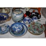 COLLECTION OF CHINESE CERAMICS INCLUDING GINGER JAR, FOOTED BOWL, TEAPOT, CELADON PLATES, ETC.