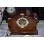 EDWARDIAN MAHOGANY INLAID MANTEL CLOCK WITH BRASS COLUMNS