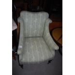 EDWARDIAN MAHOGANY TUB CHAIR WITH GREEN AND FLORAL STRIPED BACK, ARMS AND SEAT