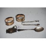 PAIR OF BIRMINGHAM SILVER NAPKIN RINGS, PAIR OF SHEFFIELD SILVER SUGAR TONGS, VICTORIAN SILVER