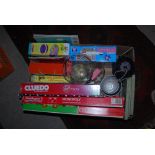 BOX OF ASSORTED GAMES, FLOWER VASES