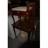 EDWARDIAN MAHOGANY AND SATINWOOD BANDED PIANO STOOL, TOGETHER WITH A MAHOGANY SIDE TABLE