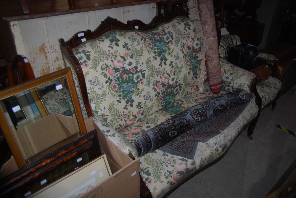 EDWARDIAN MAHOGANY FLORAL UPHOLSTERED TWO SEAT SOFA, TOGETHER WITH A MATCHING TUB CHAIR