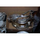 ASSORTED EP WARES INCLUDING CLARET JUG, COFFEE POT, EP BASTING SPOONS, ASSORTED CUTLERY, ETC.