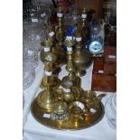 COLLECTION OF ASSORTED BRASSWARE INCLUDING PAIR OF VICTORIAN DIAMOND CANDLESTICKS, PAIR OF EASTERN