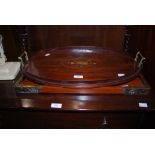 CHINESE DARK WOOD AND BRASS MOUNTED RECTANGULAR TRAY, TOGETHER WITH A MAHOGANY OVAL TWIN HANDLED