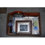 BOX - ASSORTED ITEMS INCLUDING FACSIMILE NEWSPAPERS, PHOTOGRAPHIC PRINT OF A MINIATURE, CAMERA,