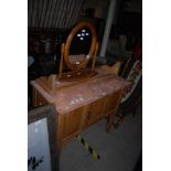 MARBLE TOP PINE WASH STAND, TOGETHER WITH A PINE OVAL SHAVING MIRROR