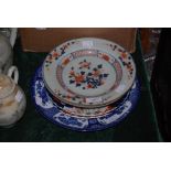FIVE ASSORTED CHINESE PLATES INCLUDING PAIR OF IMARI PATTERN PLATES, TWO FLORAL PATTERN PLATES AND