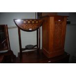 EARLY 20TH CENTURY STAINED BEECH DROP LEAF PENWORK GAMES TABLE, TOGETHER WITH A VICTORIAN PINE POT