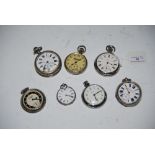SEVEN ASSORTED WHITE METAL CASED POCKET WATCHES INCLUDING SMITHS INGERSOL CHAMPION, ETC.