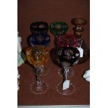 SET OF SIX BOHEMIAN HOCK GLASSES WITH TINTED COLOURED BOWLS, TOGETHER WITH A BOHEMIAN GLASS DECANTER