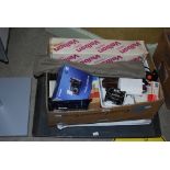 BOX - ASSORTED VINTAGE CAMERA EQUIPMENT, DEVELOPING TRAYS, DIGITAL CAMERAS ETC